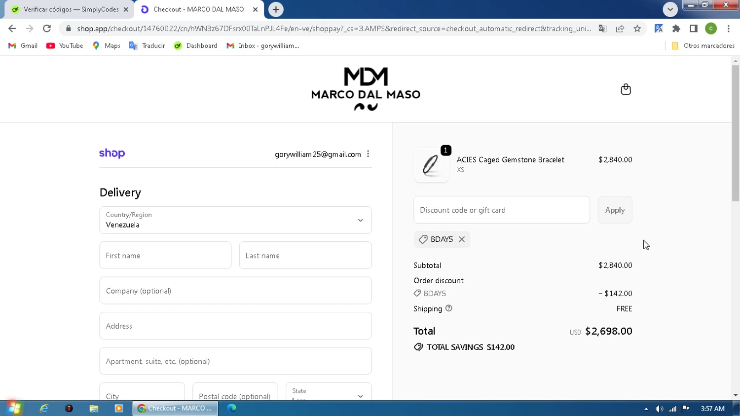 MARCO DAL MASO promo code screenshot showing code BDAY5 applied at MARCO DAL MASO checkout page. Uploaded by SimplyCodes community member MagnificentPilot8371 on Oct 11, 2025