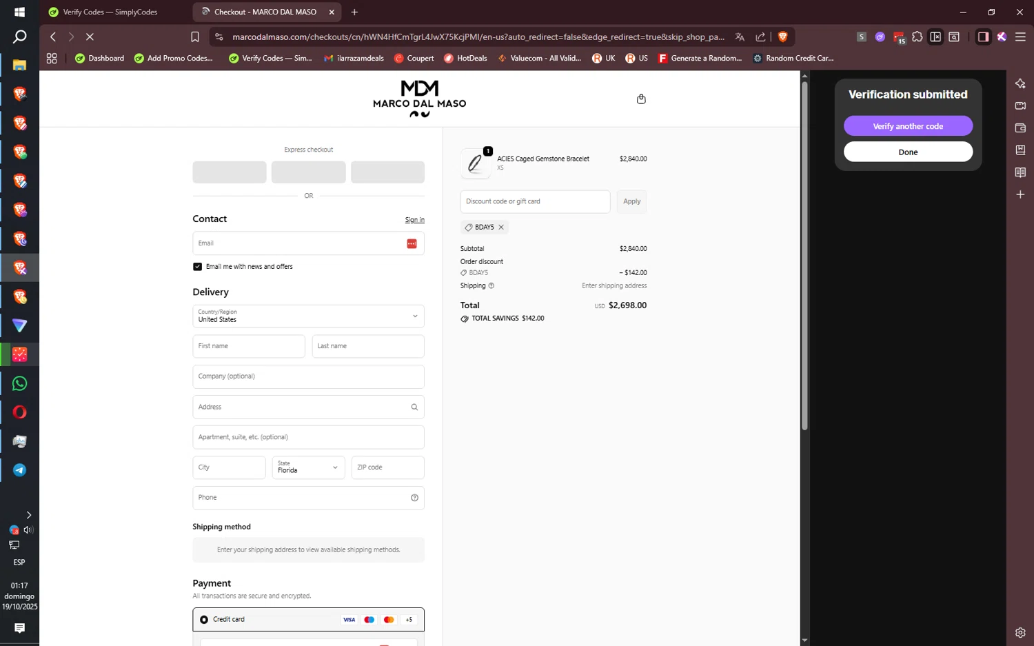 MARCO DAL MASO promo code screenshot showing code BDAY5 applied at MARCO DAL MASO checkout page. Uploaded by SimplyCodes community member ilarrazaM8 on Oct 19, 2025