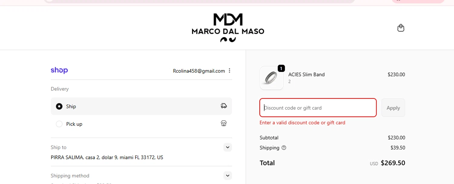 MARCO DAL MASO promo code screenshot showing code MARCO50 applied at MARCO DAL MASO checkout page. Uploaded by SimplyCodes community member ShieldTitan9442 on Oct 3, 2025