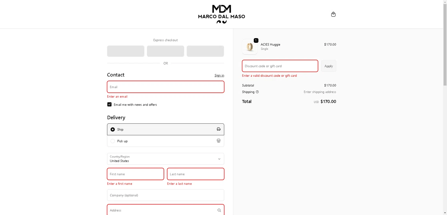 MARCO DAL MASO promo code screenshot showing code MARCO50 applied at MARCO DAL MASO checkout page. Uploaded by SimplyCodes community member ValueWarden2887 on Oct 3, 2025