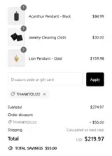 THANKYOU20 coupon verification screenshot