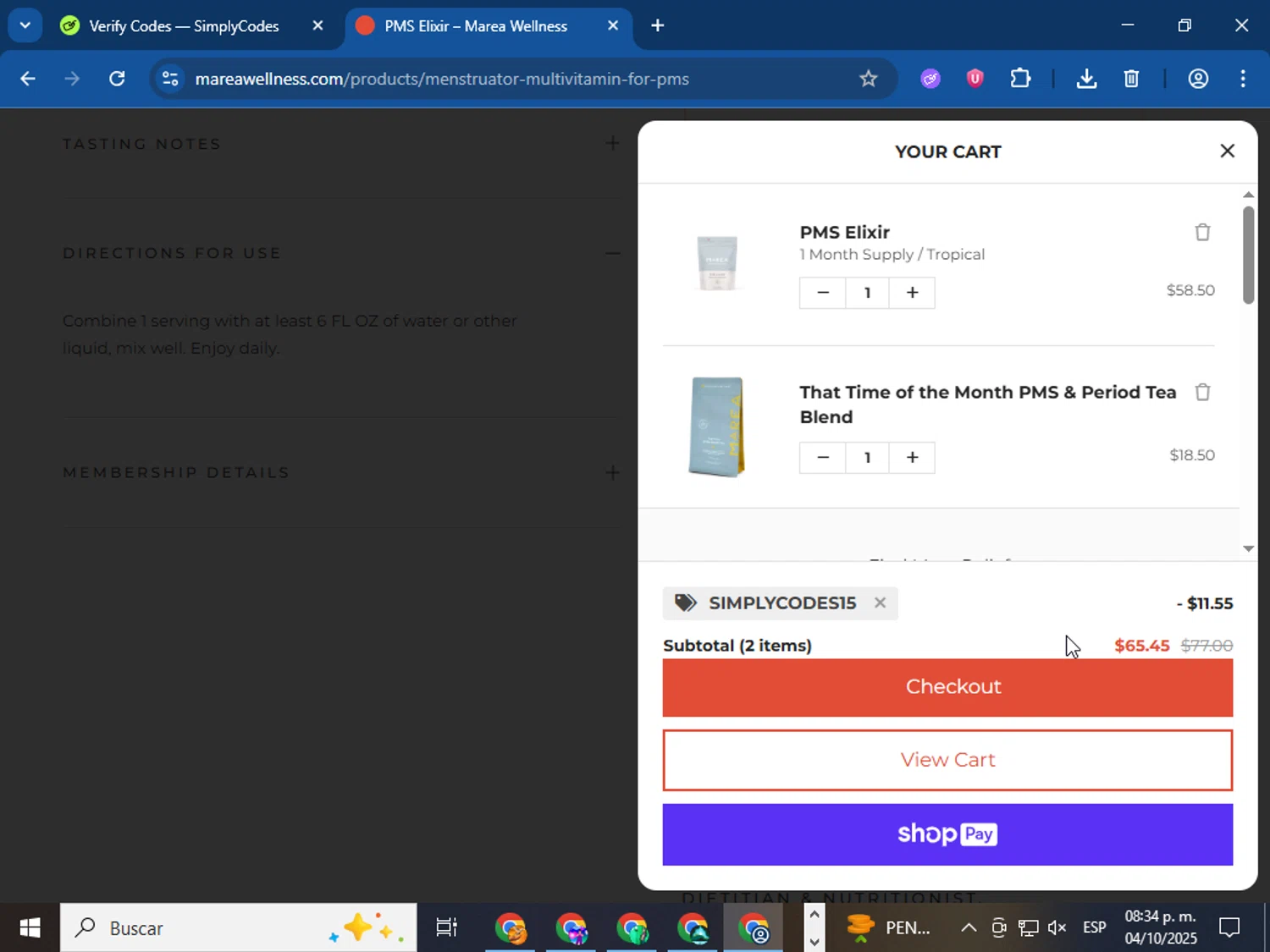 Marea Wellness discount code screenshot showing code SIMPLYCODES15 applied at Marea Wellness checkout page. Uploaded by SimplyCodes community member Bope_________ on Oct 5, 2025