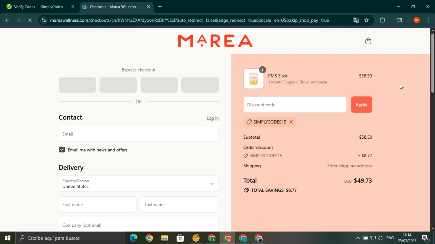 Marea Wellness discount code screenshot showing code SIMPLYCODES15 applied at Marea Wellness checkout page. Uploaded by SimplyCodes community member wilferji on Jul 25, 2025