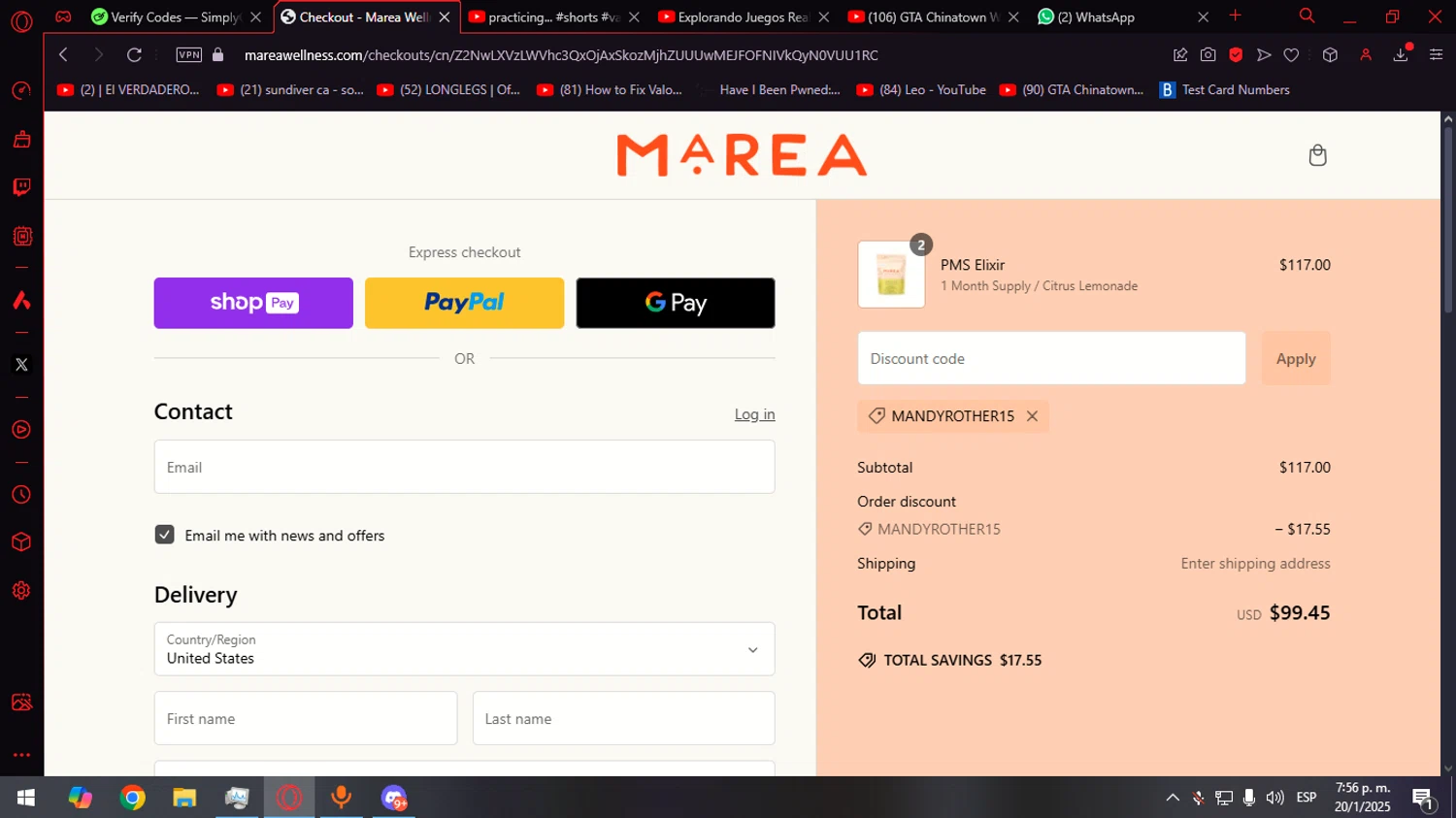 Marea Wellness discount code screenshot showing code MANDYROTHER15 applied at Marea Wellness checkout page. Uploaded by SimplyCodes community member Anteserachido on Jan 20, 2025