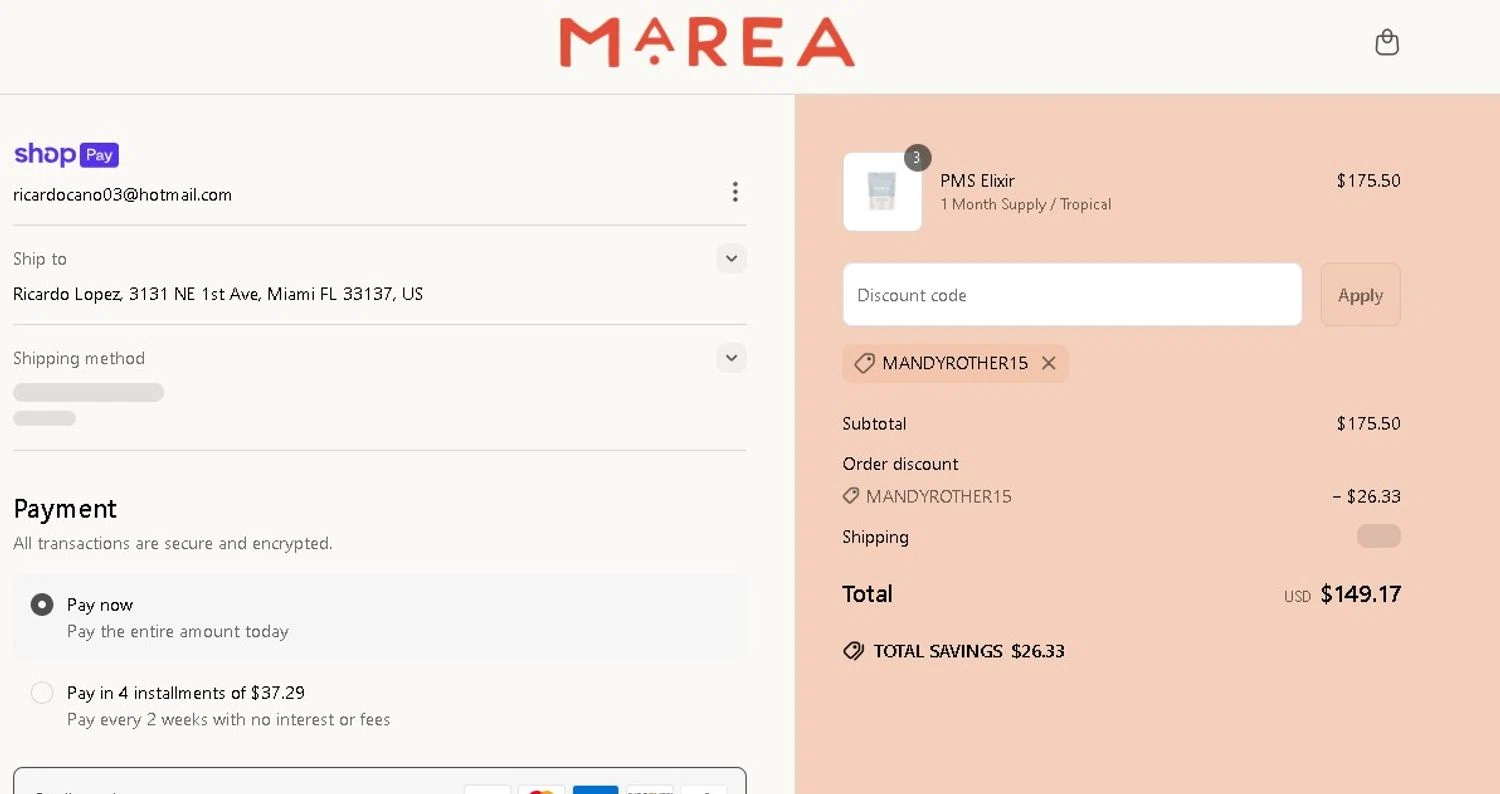 Marea Wellness discount code screenshot showing code MANDYROTHER15 applied at Marea Wellness checkout page. Uploaded by SimplyCodes community member LAMINEJAMAL on May 9, 2025