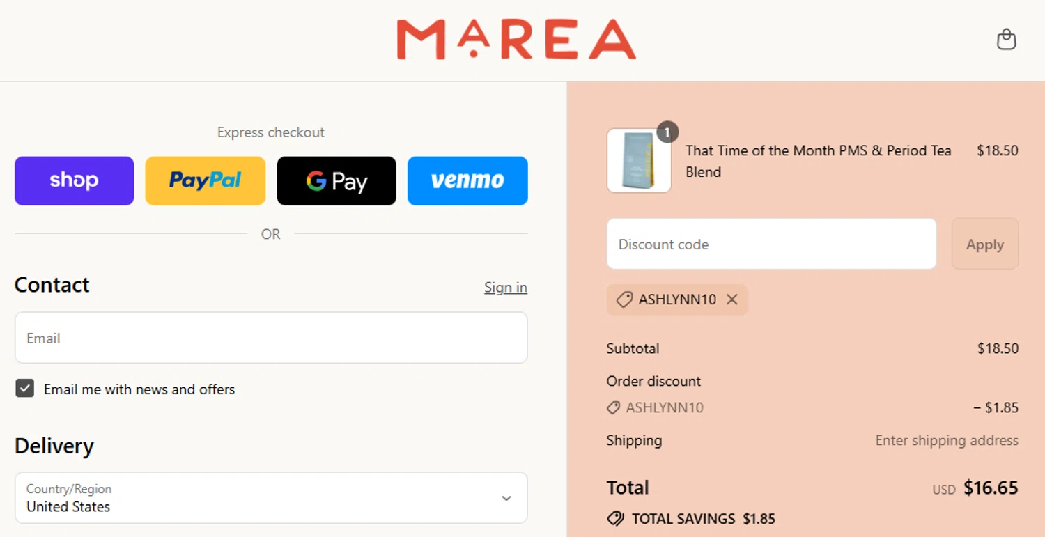 Marea Wellness discount code screenshot showing code ashlynn10 applied at Marea Wellness checkout page. Uploaded by SimplyCodes community member GloriousCollector9521 on Sep 14, 2025