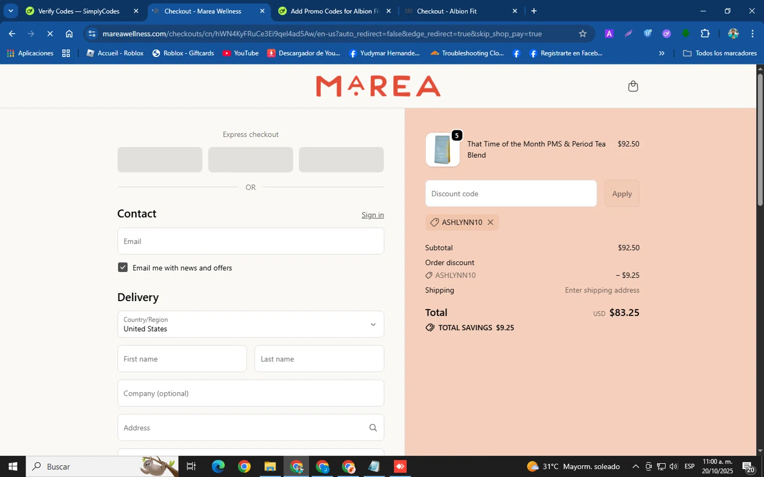 Marea Wellness discount code screenshot showing code ashlynn10 applied at Marea Wellness checkout page. Uploaded by SimplyCodes community member helicoide on Oct 20, 2025
