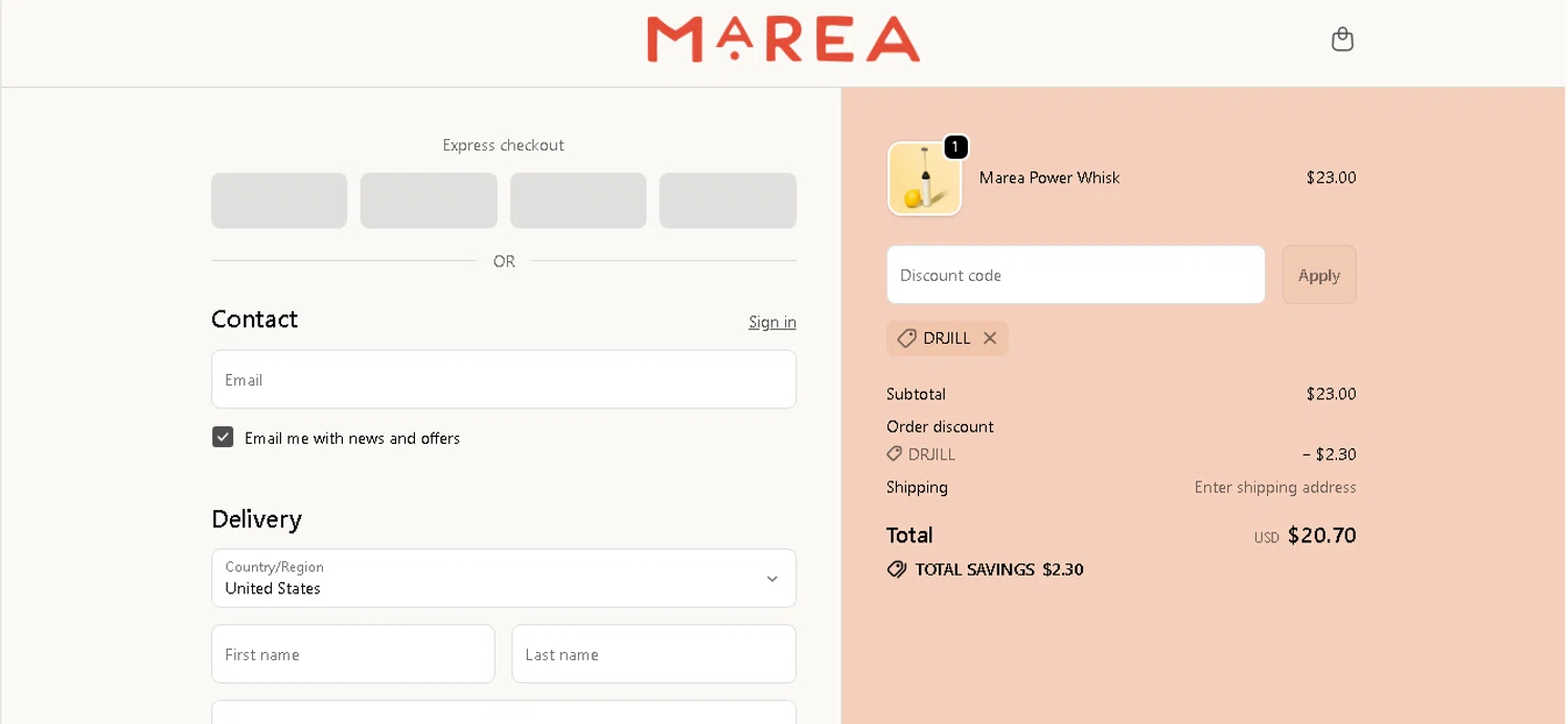 Marea Wellness discount code screenshot showing code DRJILL applied at Marea Wellness checkout page. Uploaded by SimplyCodes community member shark12 on Dec 14, 2025