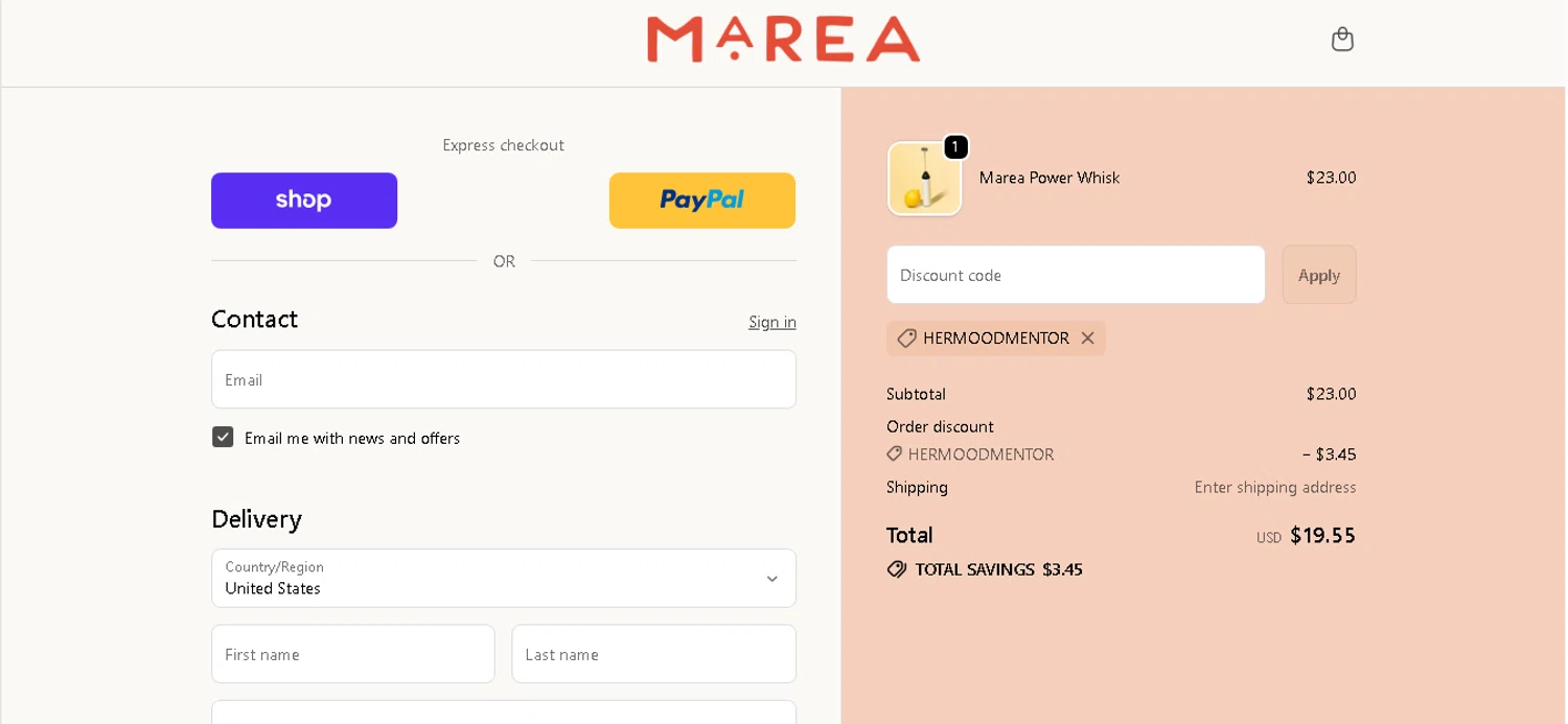 Marea Wellness discount code screenshot showing code HERMOODMENTOR applied at Marea Wellness checkout page. Uploaded by SimplyCodes community member shark12 on Dec 14, 2025