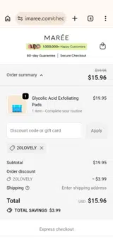 20LOVELY coupon verification screenshot