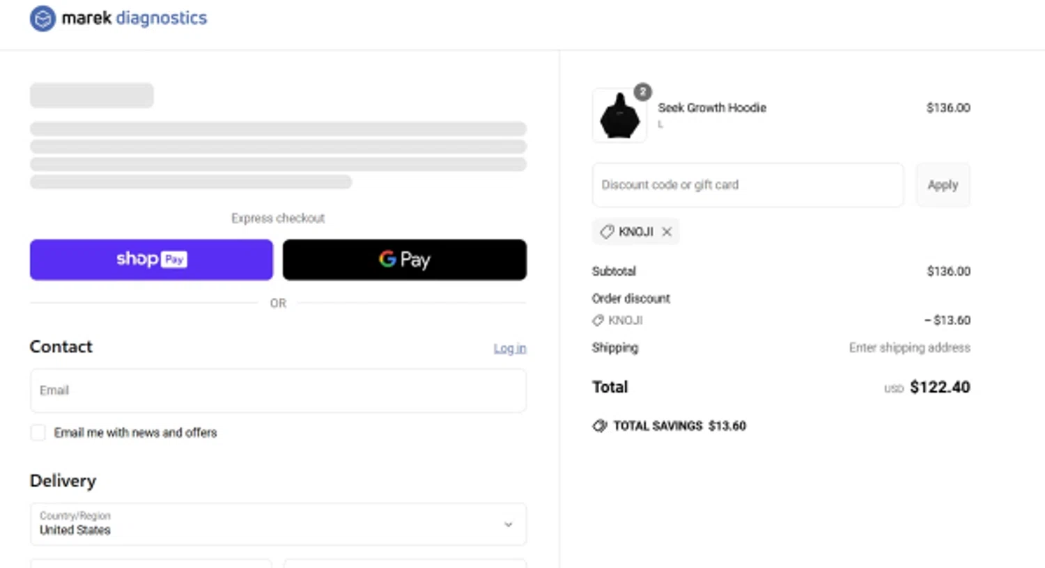 Marek Health discount code screenshot showing code Knoji applied at Marek Health checkout page. Uploaded by SimplyCodes community member Frionel_Pessi on Jun 21, 2025