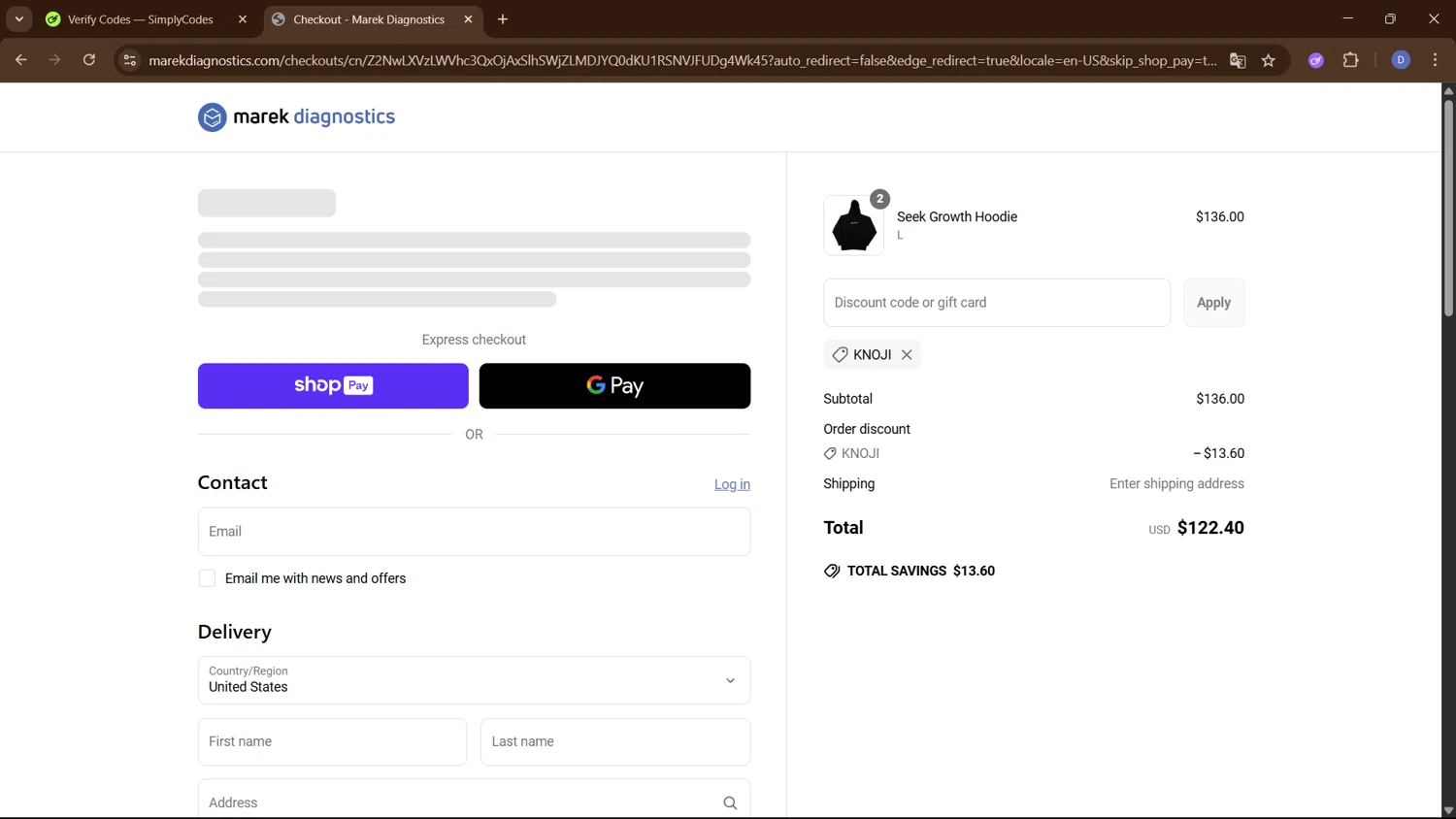 Marek Health discount code screenshot showing code Knoji applied at Marek Health checkout page. Uploaded by SimplyCodes community member PennyCurator6489 on Jun 15, 2025