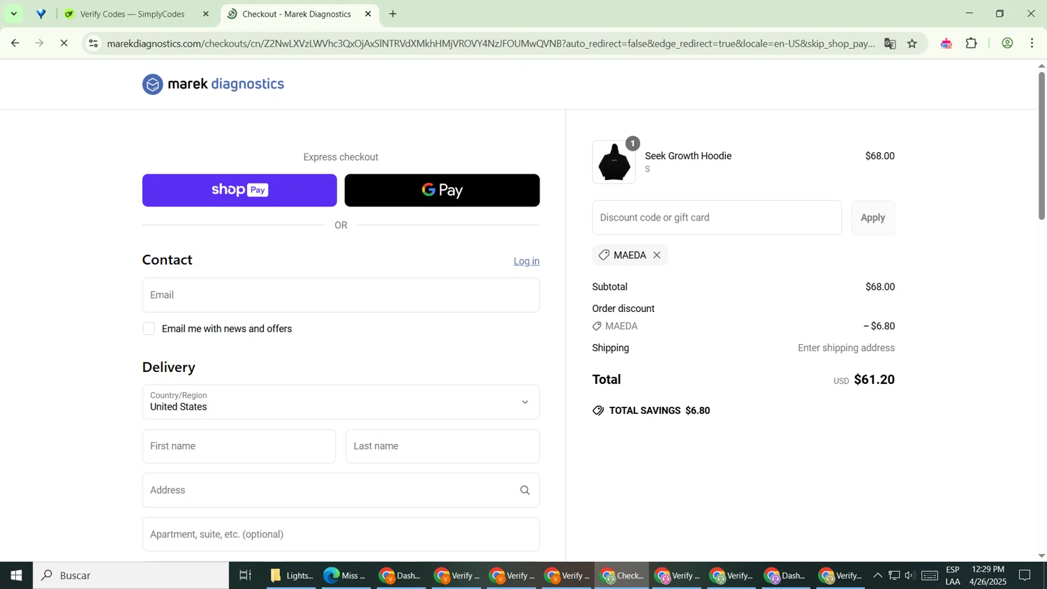 Marek Health discount code screenshot showing code MAEDA applied at Marek Health checkout page. Uploaded by SimplyCodes community member MightyPro2893 on Apr 26, 2025