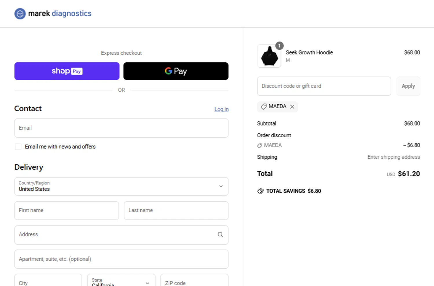 Marek Health discount code screenshot showing code MAEDA applied at Marek Health checkout page. Uploaded by SimplyCodes community member gabrielponce on Jun 15, 2025