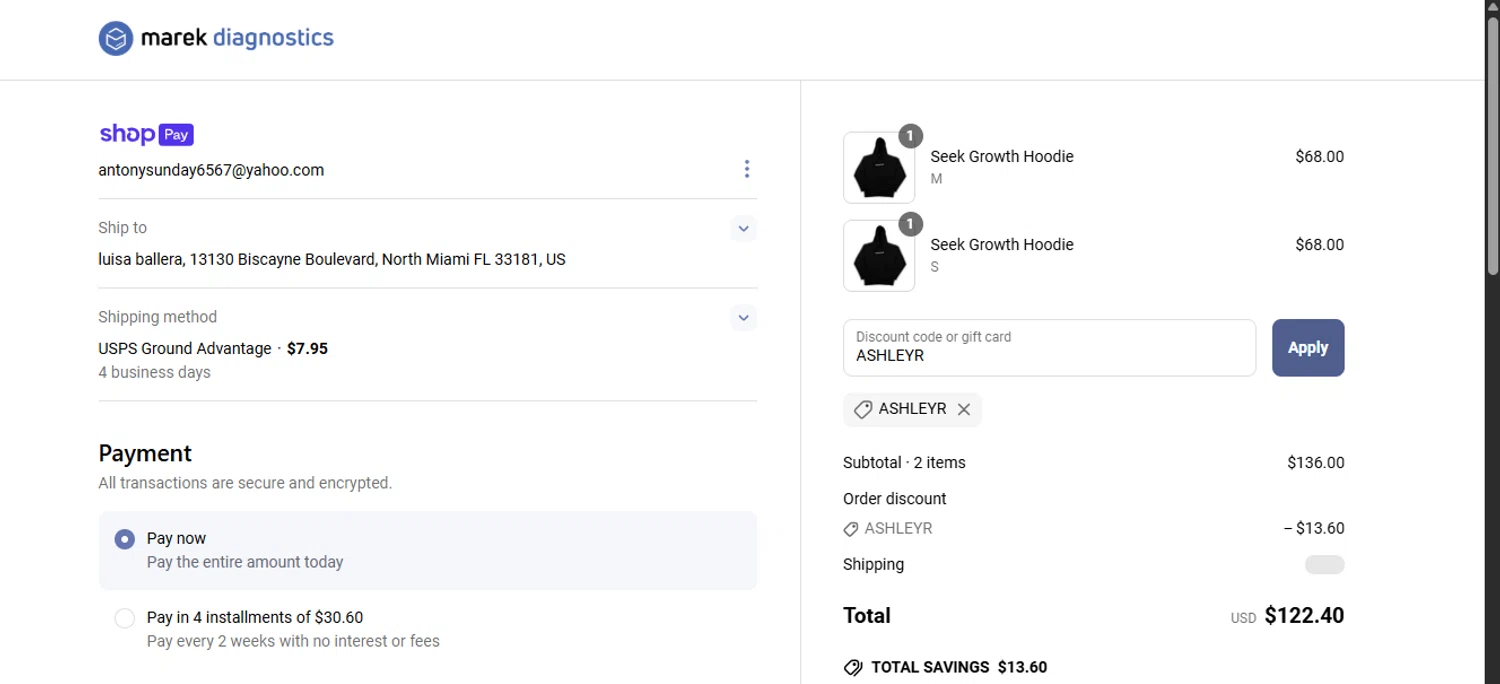 Marek Health discount code screenshot showing code ASHLEYR applied at Marek Health checkout page. Uploaded by SimplyCodes community member GoldLynx7797 on May 4, 2025