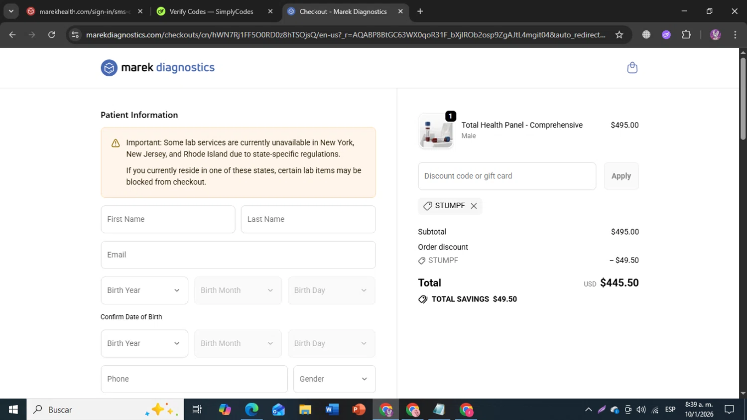 Marek Health checkout page showing Marek Health discount code box | Screenshot taken by SimplyCodes community member on Jan 10, 2026