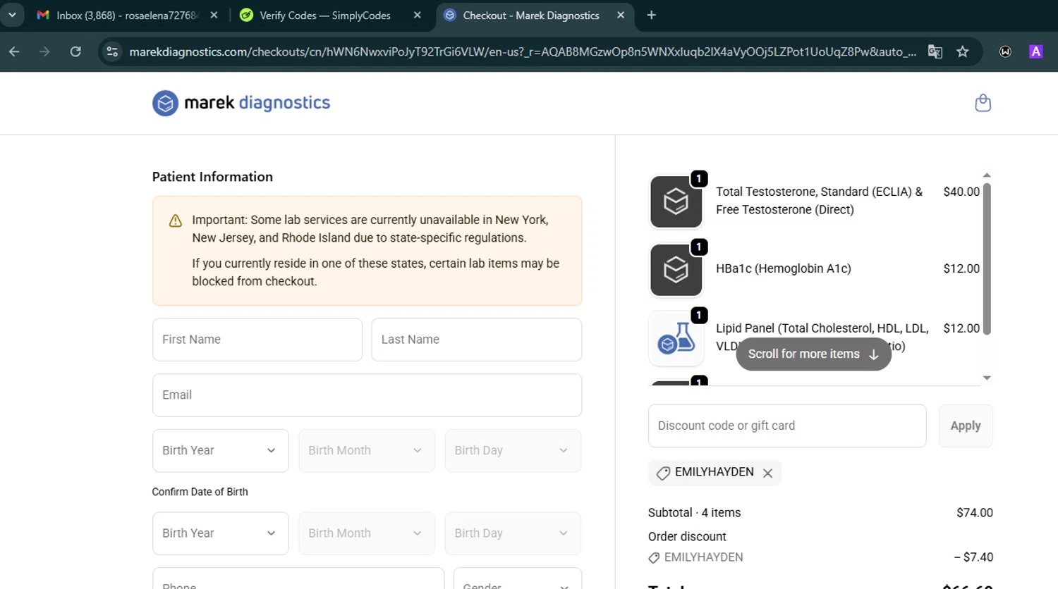 Marek Health discount code screenshot showing code EMILYHAYDEN applied at Marek Health checkout page. Uploaded by SimplyCodes community member VoucherHero6322 on Dec 13, 2025