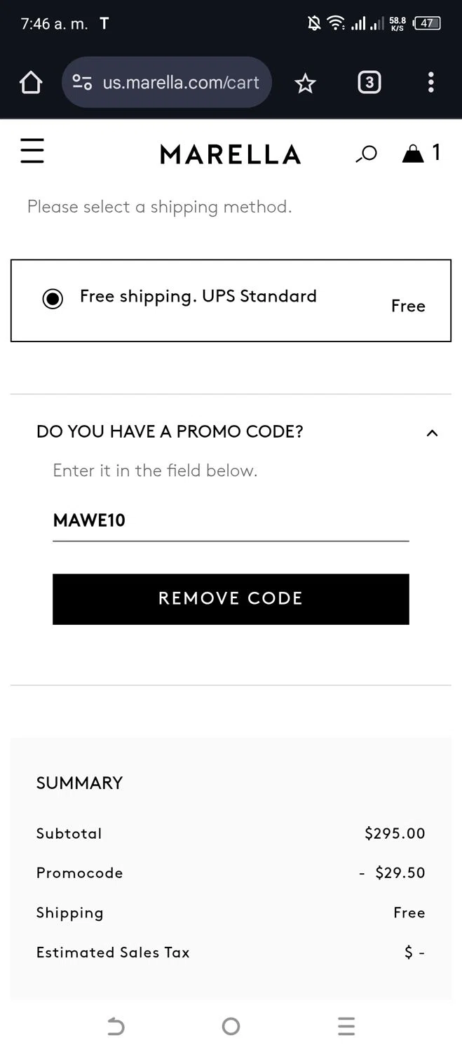 Marella promo code screenshot showing code MAWE10 applied at Marella checkout page. Uploaded by SimplyCodes community member Alejandra10 on Feb 24, 2025