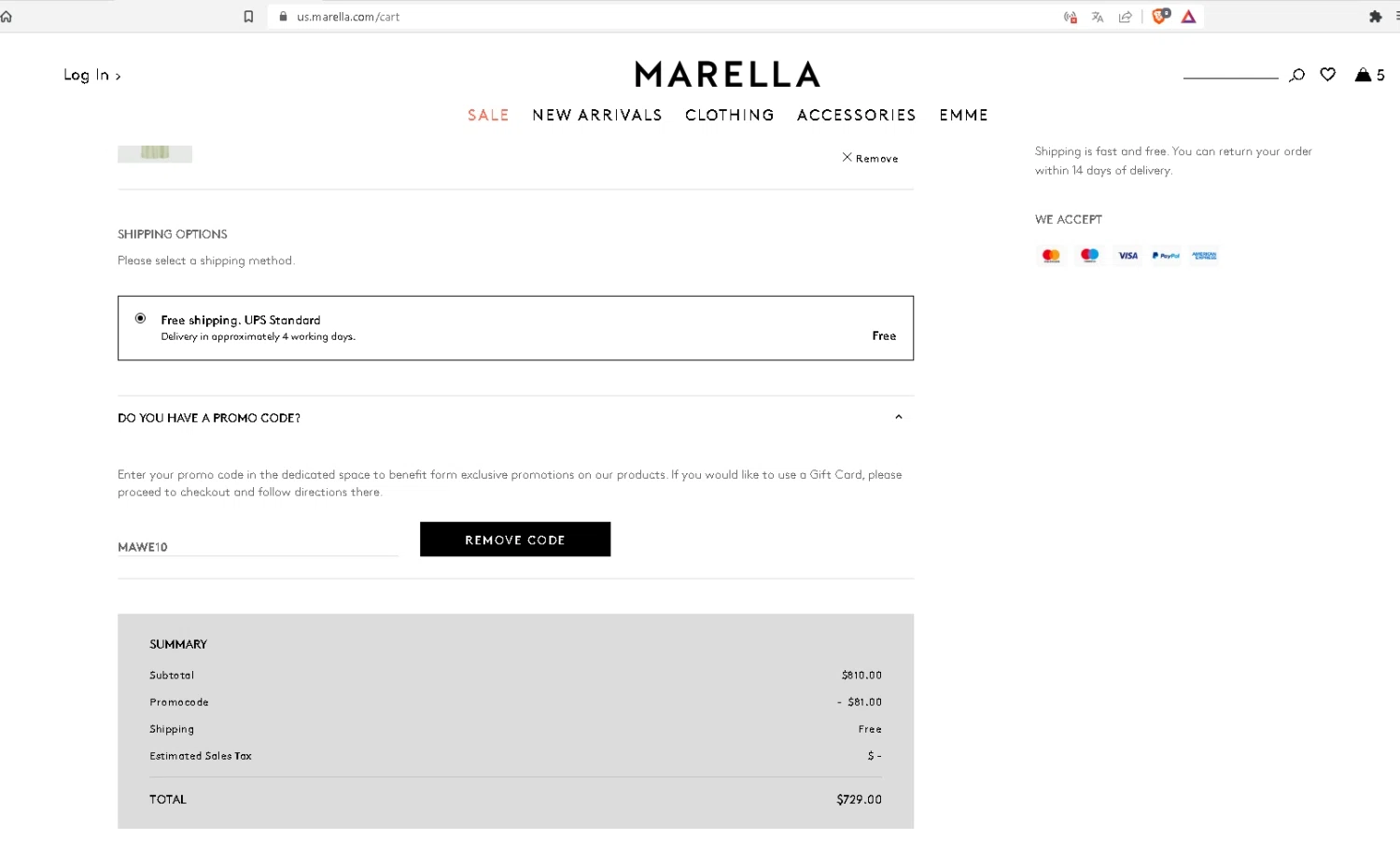 Marella checkout page showing Marella promo code box | Screenshot taken by SimplyCodes community member on Jul 31, 2023