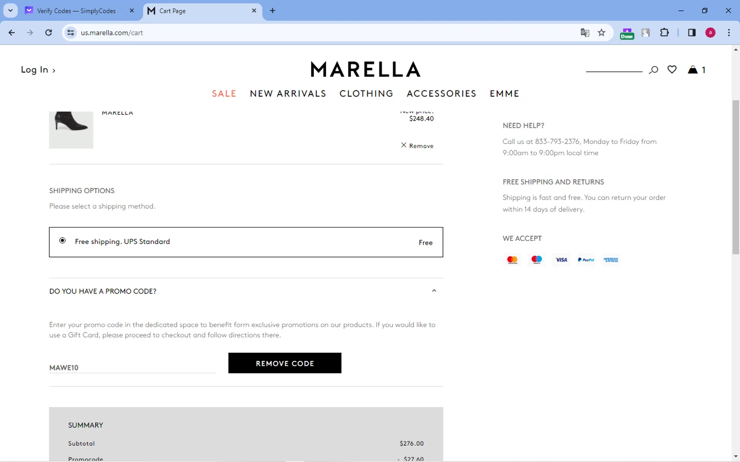 Marella checkout page showing Marella promo code box | Screenshot taken by SimplyCodes community member on Dec 23, 2023