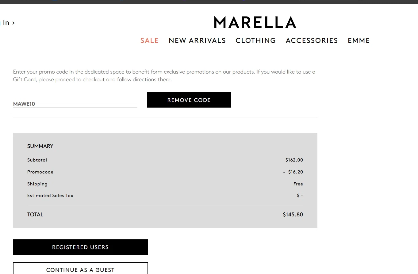 Marella checkout page showing Marella promo code box | Screenshot taken by SimplyCodes community member on Aug 29, 2023