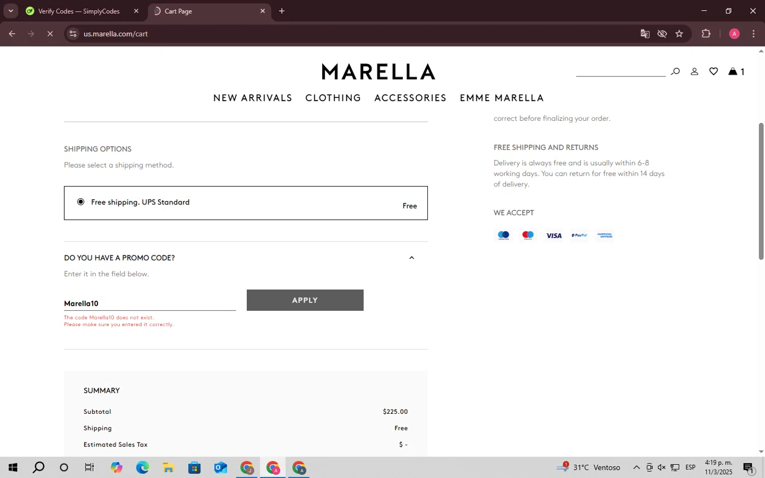 Marella promo code screenshot showing code Marella10 applied at Marella checkout page. Uploaded by SimplyCodes community member SaleScholar6713 on Mar 11, 2025