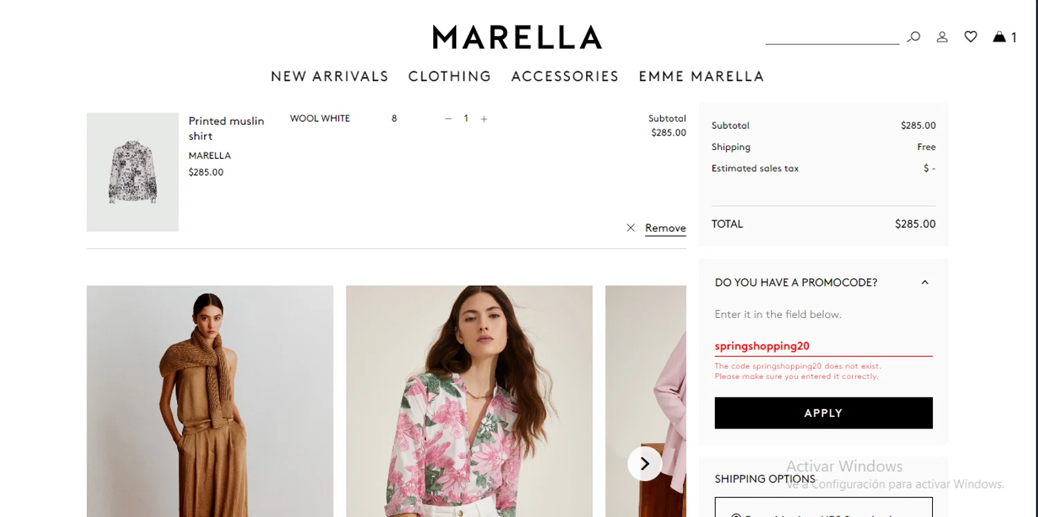 Marella promo code screenshot showing code springshopping20 applied at Marella checkout page. Uploaded by SimplyCodes community member RebateSpotter2821 on Apr 8, 2025