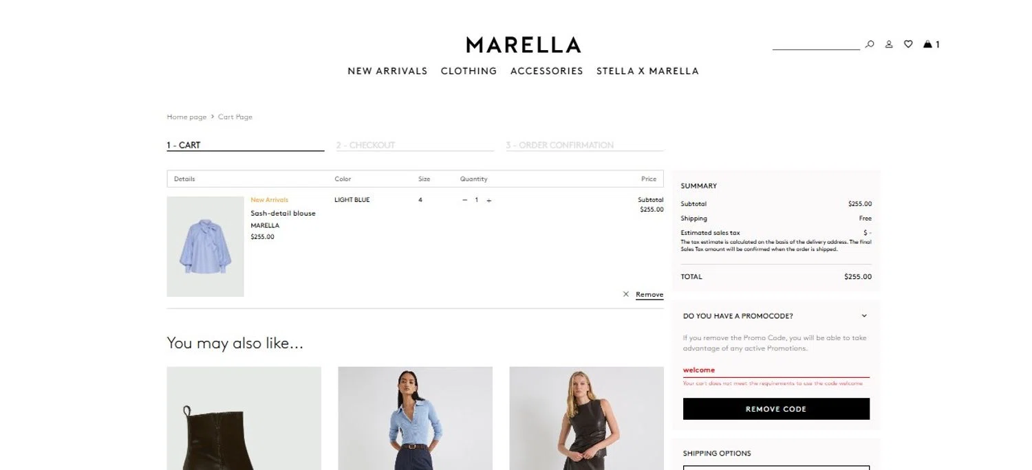 Marella promo code screenshot showing code welcome applied at Marella checkout page. Uploaded by SimplyCodes community member FortunateScholar5901 on Oct 18, 2025