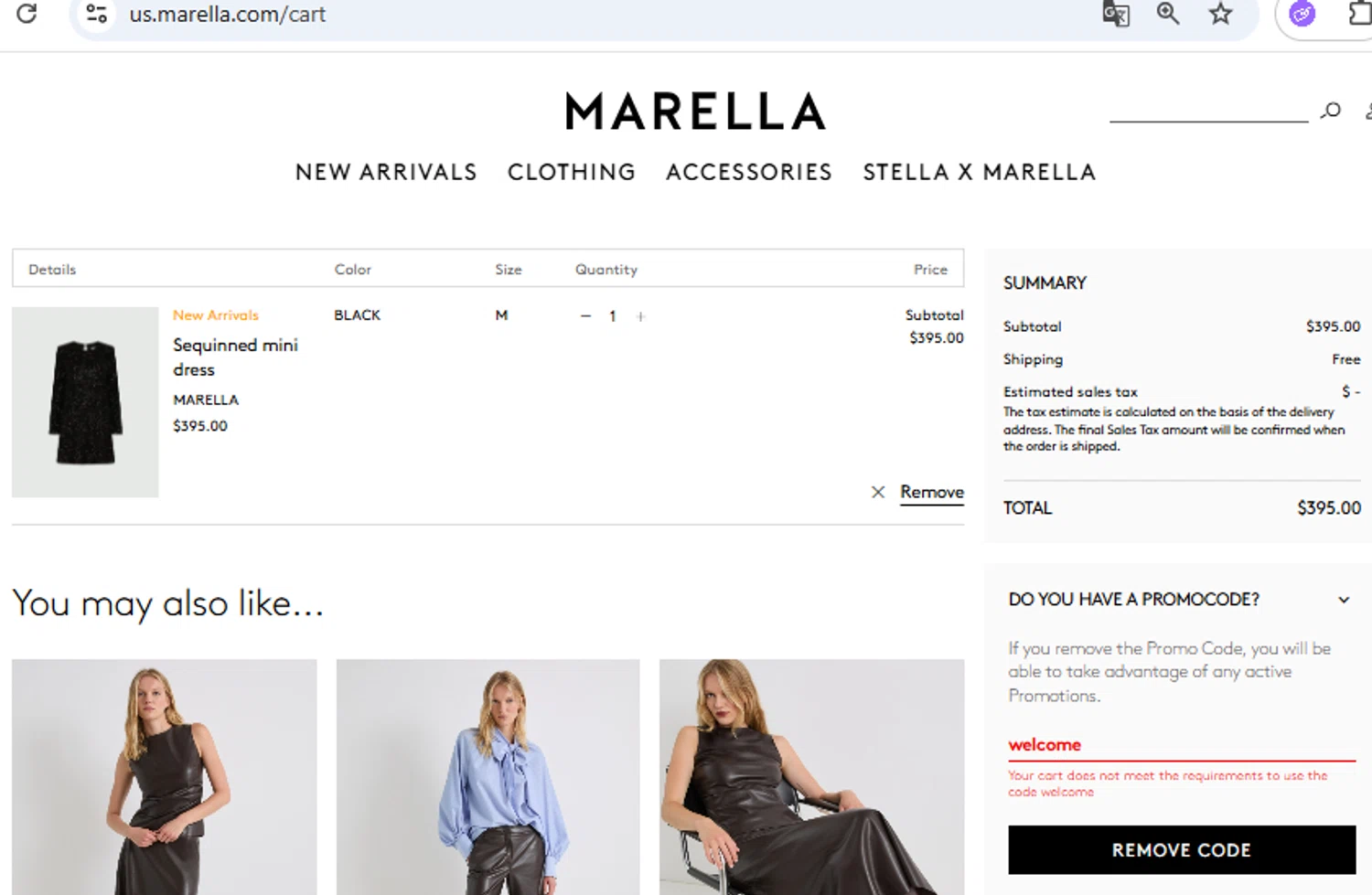 Marella promo code screenshot showing code welcome applied at Marella checkout page. Uploaded by SimplyCodes community member PennyOwl2559 on Nov 16, 2025