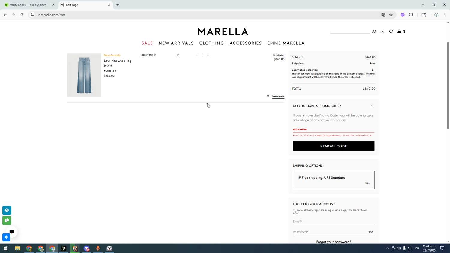 Marella checkout page showing Marella promo code box | Screenshot taken by SimplyCodes community member on Jul 23, 2025