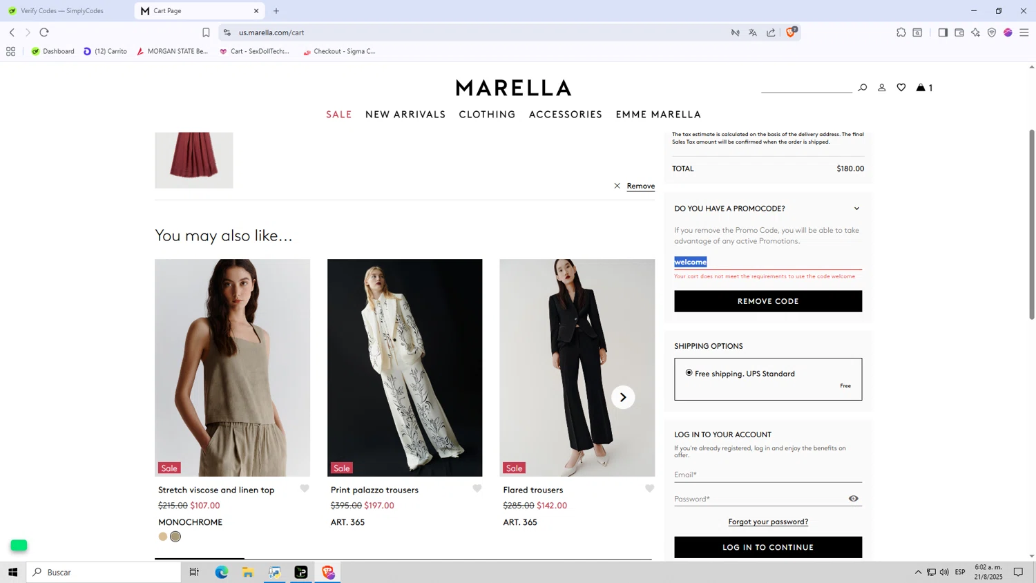 Marella checkout page showing Marella promo code box | Screenshot taken by SimplyCodes community member on Aug 21, 2025