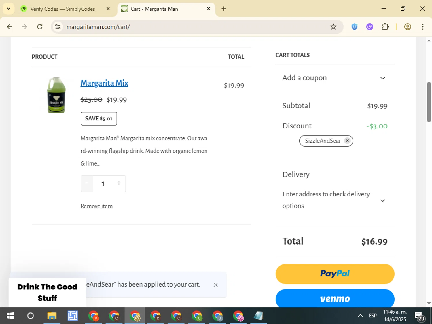 Margarita Man coupon code screenshot showing code SizzleAndSear applied at Margarita Man checkout page. Uploaded by SimplyCodes community member VictorL on Jun 14, 2025