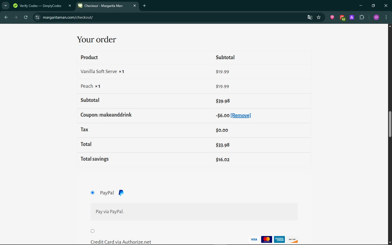 Margarita Man coupon code screenshot showing code MakeAndDrink applied at Margarita Man checkout page. Uploaded by SimplyCodes community member TokenChaser4876 on Oct 11, 2025