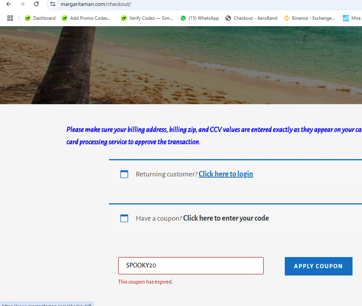 Margarita Man coupon code screenshot showing code SPOOKY20 applied at Margarita Man checkout page. Uploaded by SimplyCodes community member yeresojperez on Nov 14, 2025