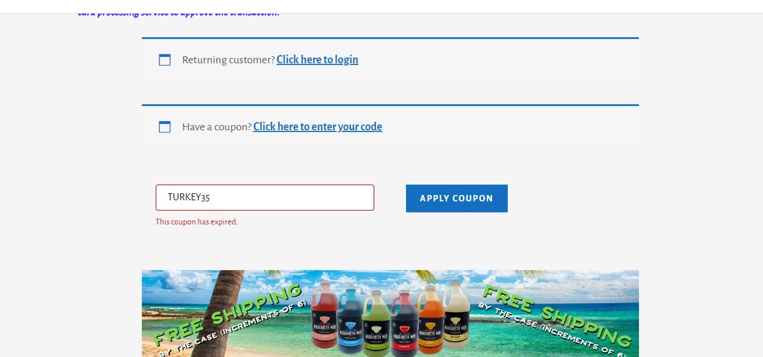 Margarita Man coupon code screenshot showing code TURKEY35 applied at Margarita Man checkout page. Uploaded by SimplyCodes community member obito1234 on Dec 9, 2025