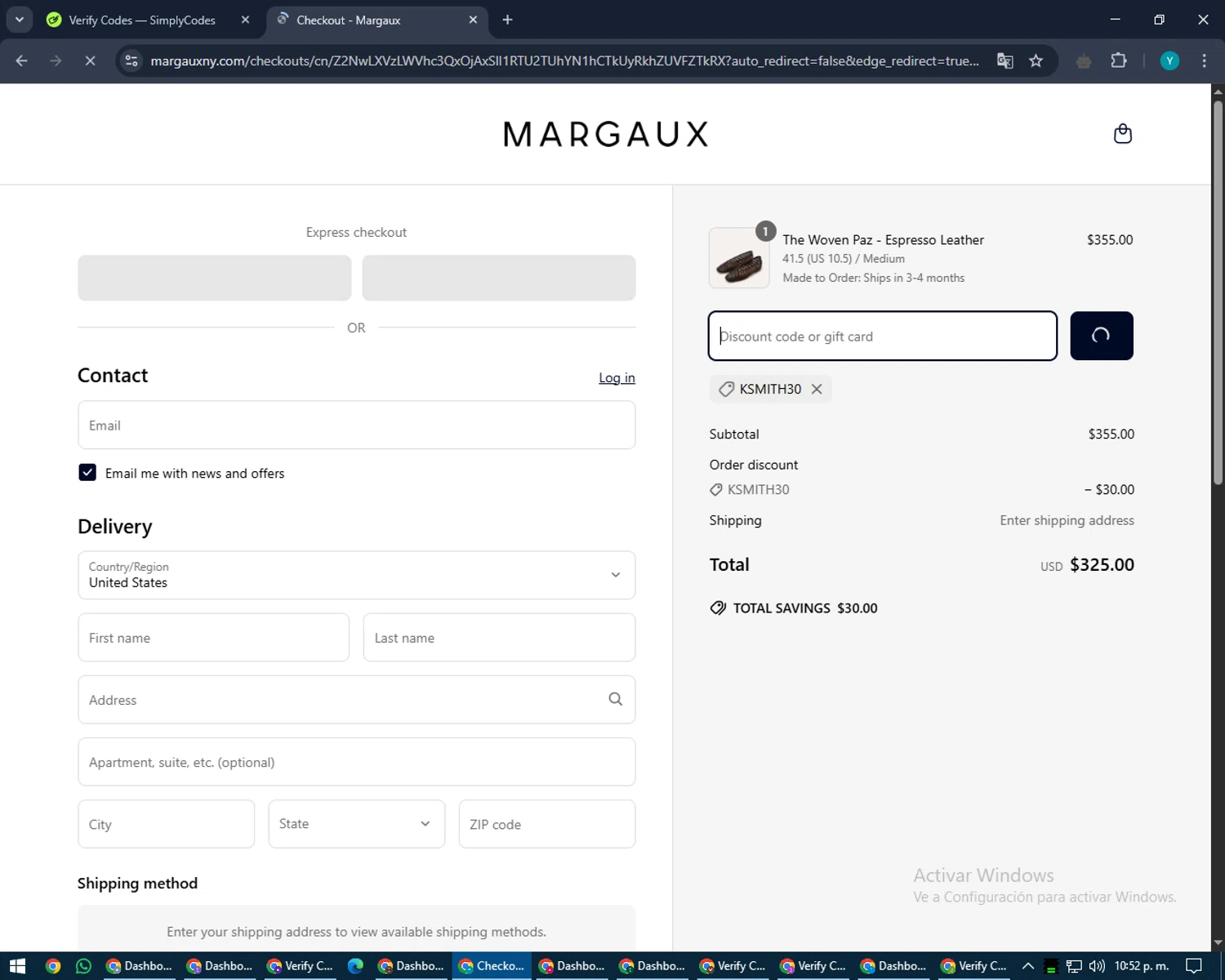 Margaux discount code screenshot showing code KSmith30 applied at Margaux checkout page. Uploaded by SimplyCodes community member RoyalEagle4794 on Apr 9, 2025