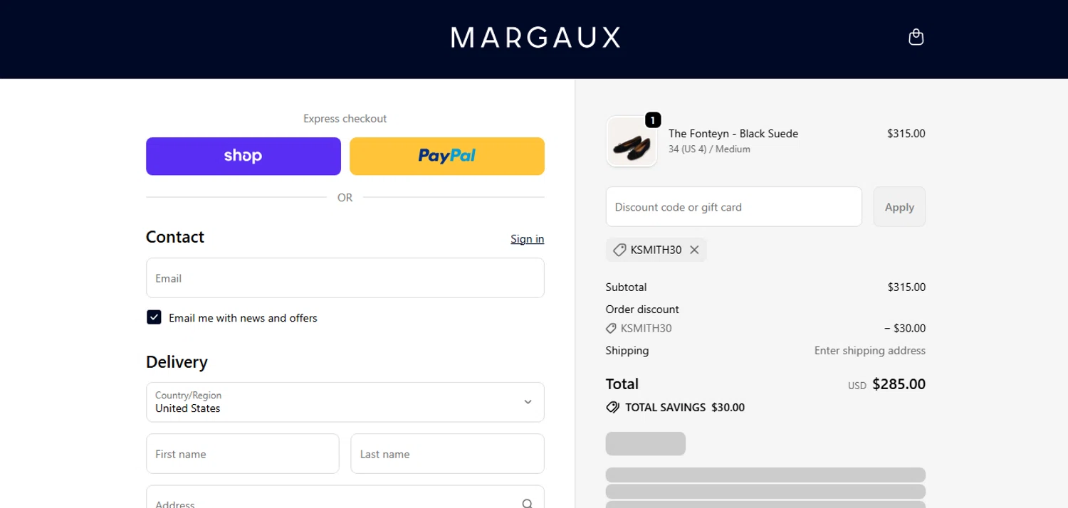 Margaux discount code screenshot showing code KSmith30 applied at Margaux checkout page. Uploaded by SimplyCodes community member xHRxUltrax on Oct 27, 2025
