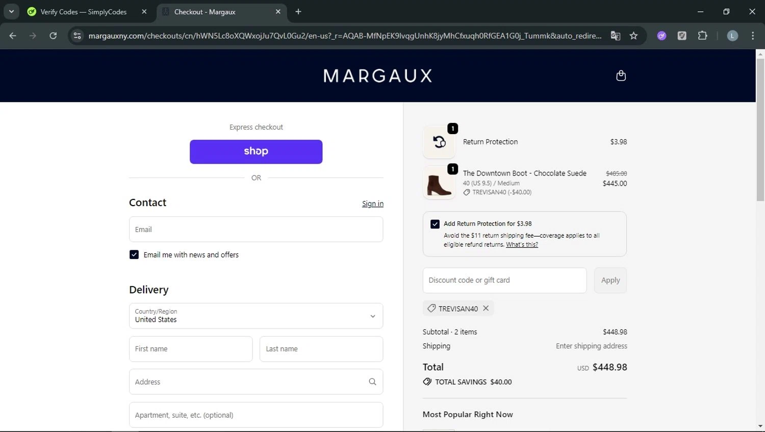 Margaux discount code screenshot showing code TREVISAN40 applied at Margaux checkout page. Uploaded by SimplyCodes community member RoyalOwl5790 on Nov 16, 2025