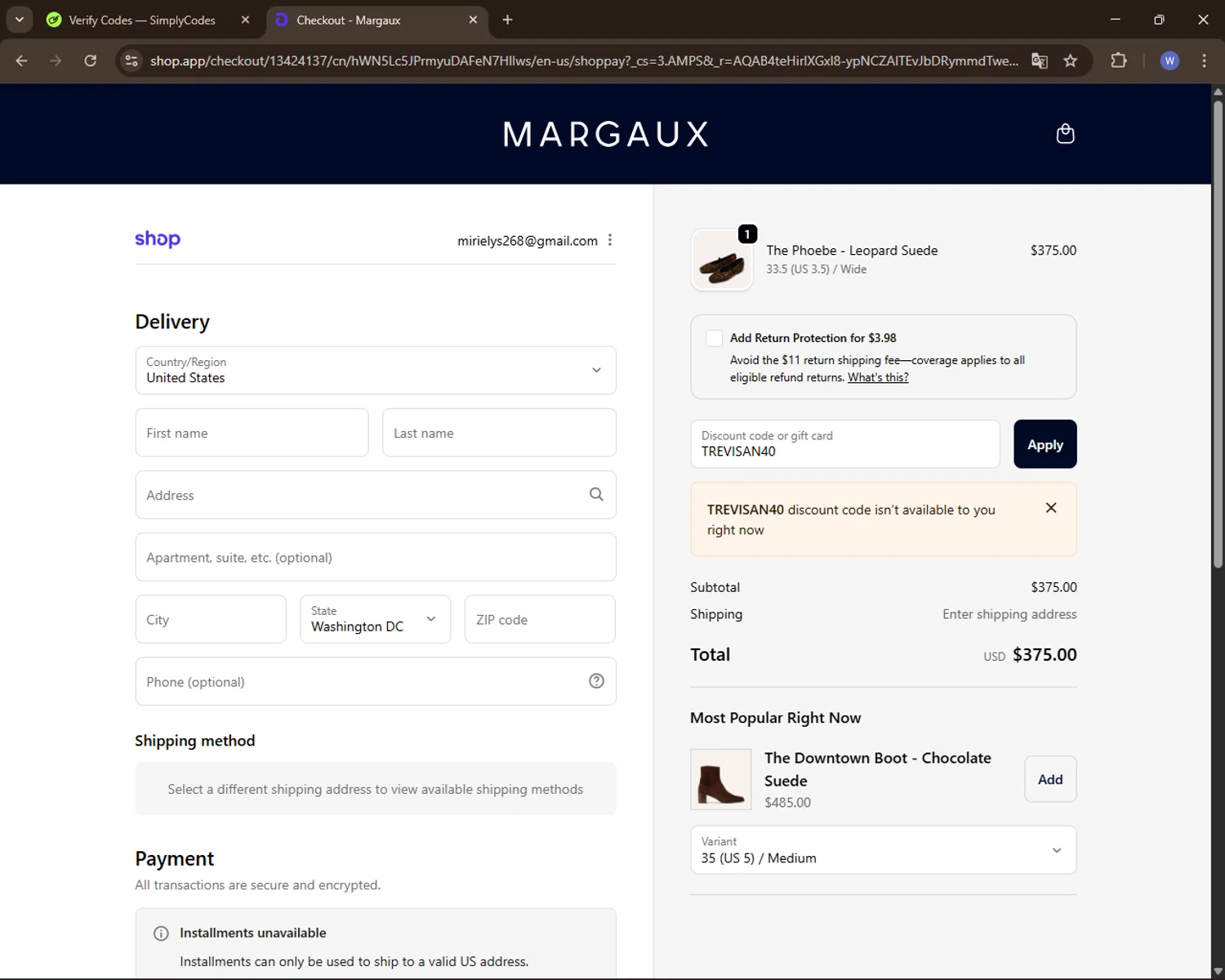 Margaux discount code screenshot showing code TREVISAN40 applied at Margaux checkout page. Uploaded by SimplyCodes community member VoucherElite7352 on Nov 16, 2025
