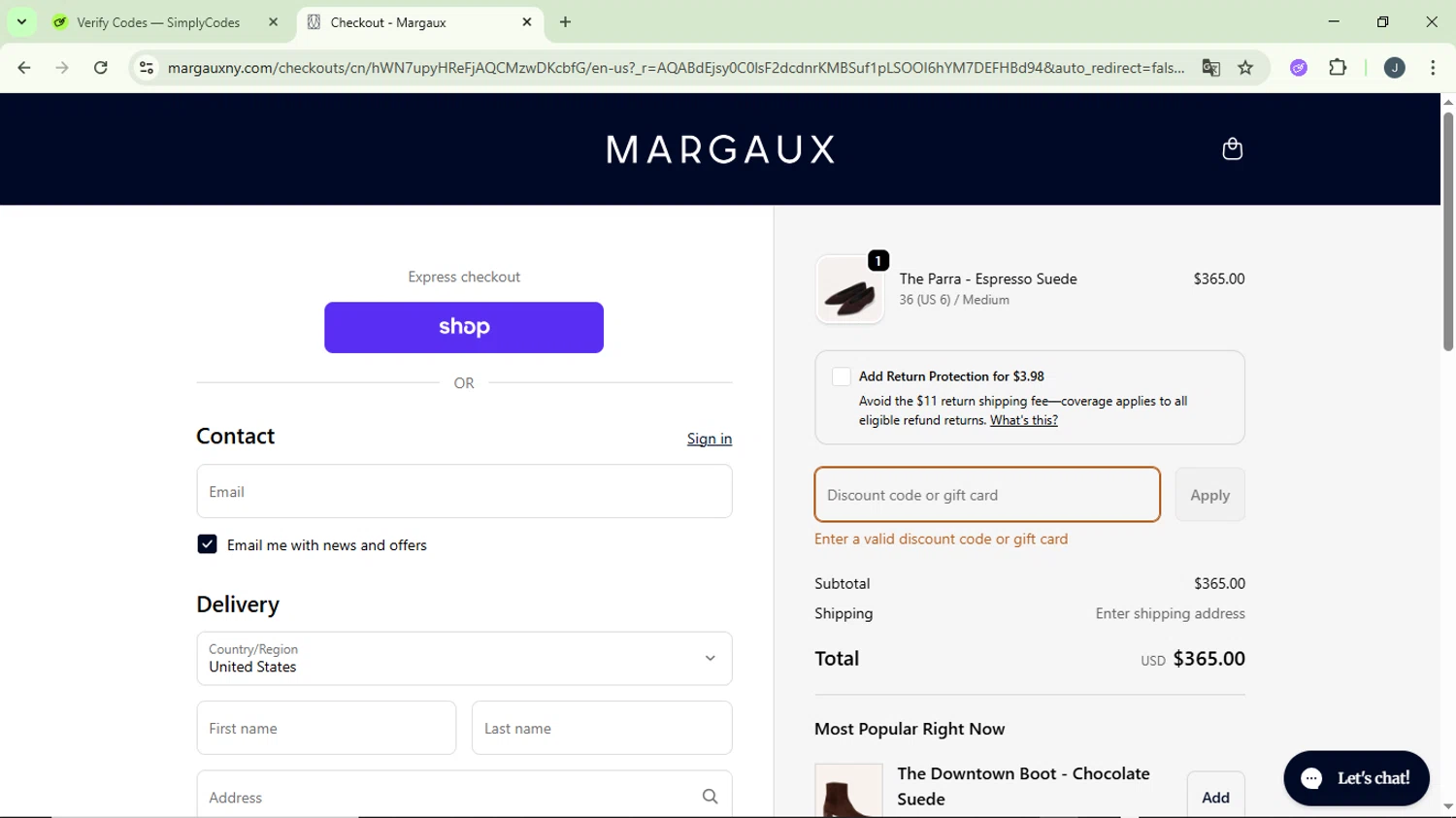Margaux discount code screenshot showing code extra20 applied at Margaux checkout page. Uploaded by SimplyCodes community member GloriousCollector9930 on Jan 22, 2026