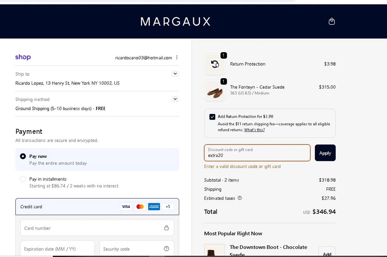 Margaux discount code screenshot showing code extra20 applied at Margaux checkout page. Uploaded by SimplyCodes community member LAMINEJAMAL on Jan 23, 2026