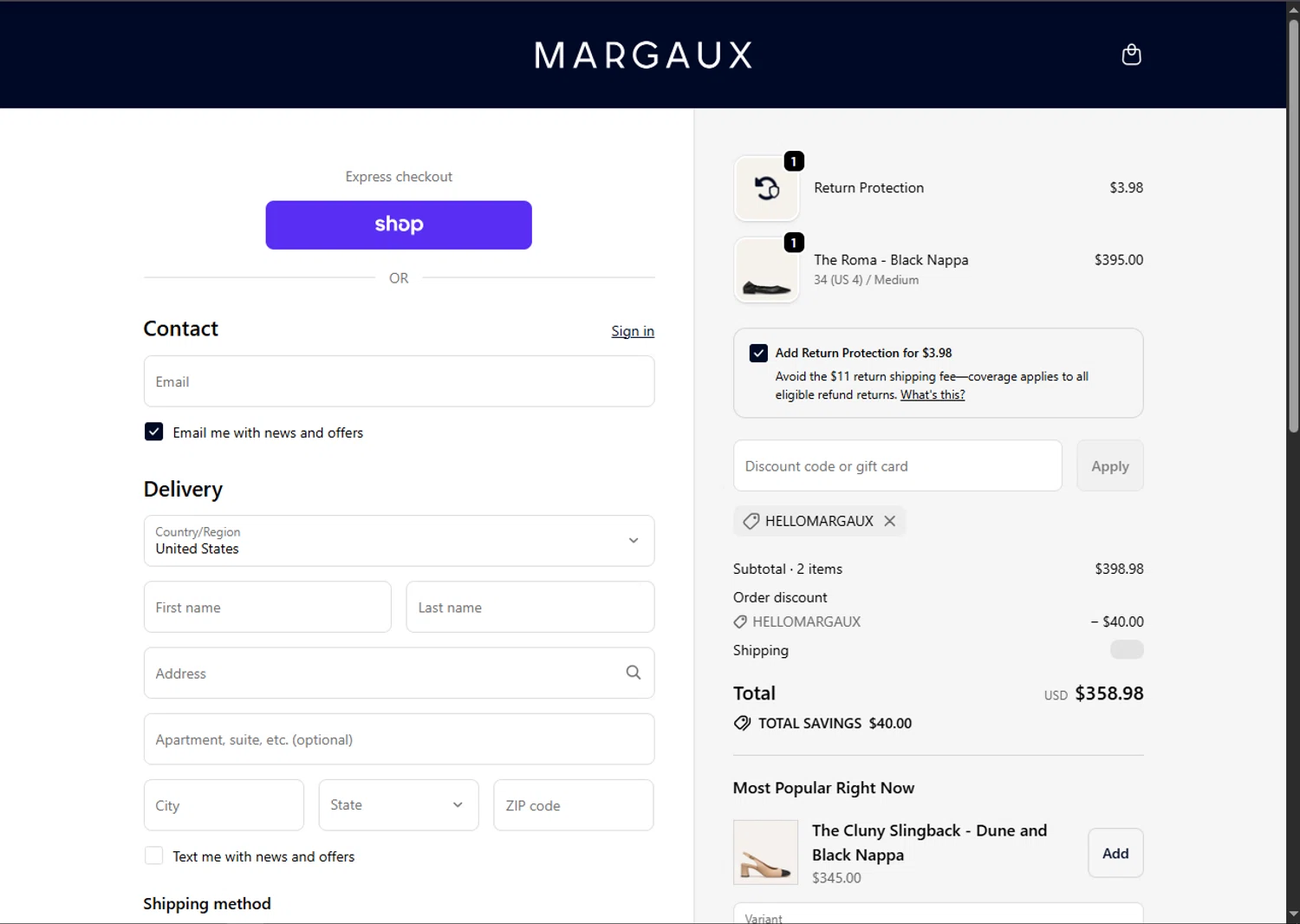 Margaux discount code screenshot showing code HELLOMARGAUX applied at Margaux checkout page. Uploaded by SimplyCodes community member VoucherFinder3467 on Jan 27, 2026