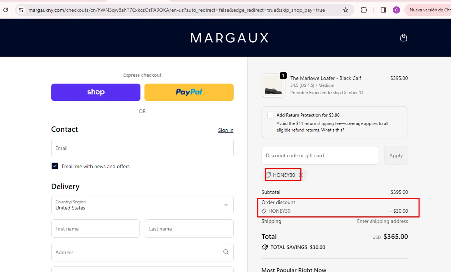 Margaux discount code screenshot showing code HONEY30 applied at Margaux checkout page. Uploaded by SimplyCodes community member nileskamarcano on Oct 7, 2025