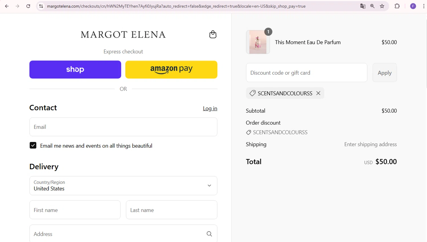 Margot Elena promo code screenshot showing code SCENTSANDCOLOURSS applied at Margot Elena checkout page. Uploaded by SimplyCodes community member Richard2 on Aug 29, 2025