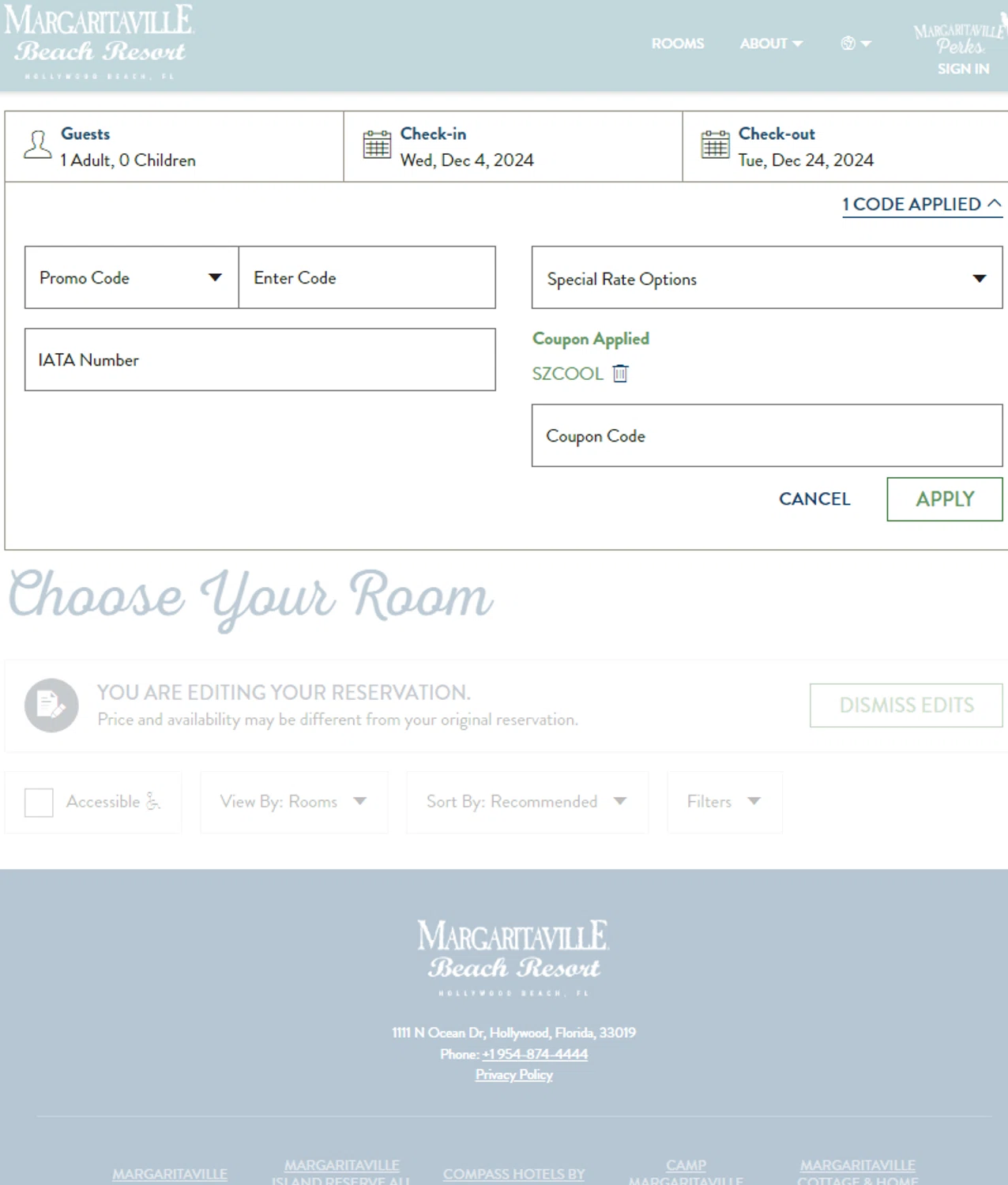 where to use Margaritaville Hollywood Beach Resort promo code box