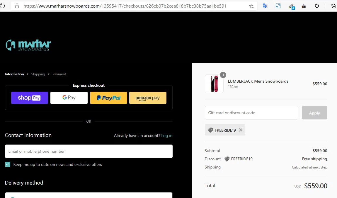 where to use Marhar Snowboards promo code box