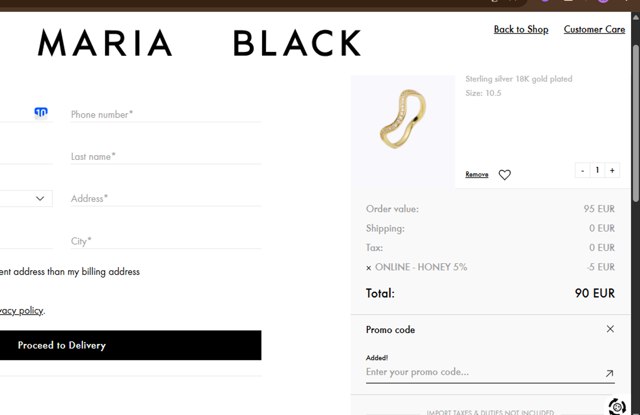 Maria Black checkout page showing Maria Black promo code box | Screenshot taken by SimplyCodes community member on May 13, 2025