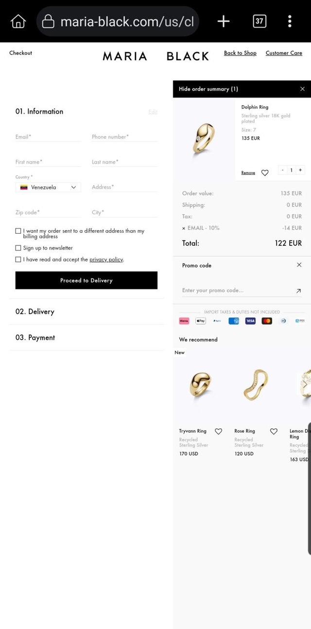 Maria Black checkout page showing Maria Black promo code box | Screenshot taken by SimplyCodes community member on May 15, 2025