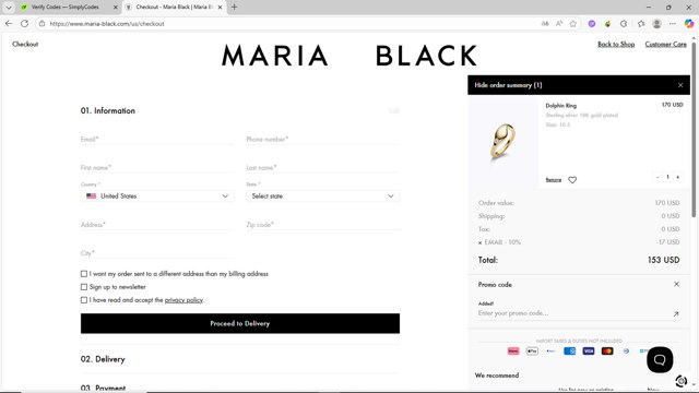 Maria Black checkout page showing Maria Black promo code box | Screenshot taken by SimplyCodes community member on Aug 14, 2025