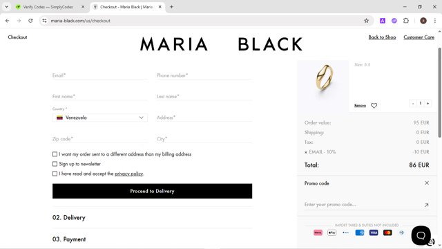 Maria Black checkout page showing Maria Black promo code box | Screenshot taken by SimplyCodes community member on Jul 16, 2025